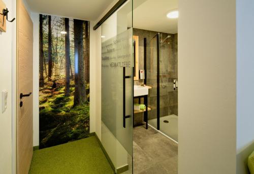 a bathroom with a walk in shower next to a glass door at Landhotel Gasthaus zum Pflug in Zell am Harmersbach