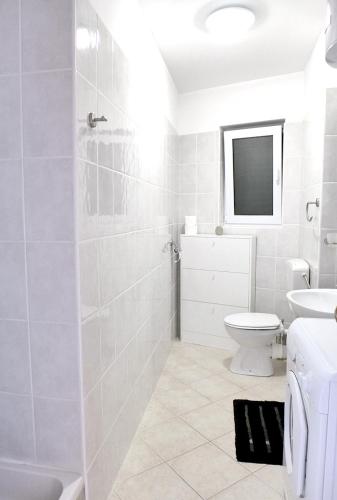 a white bathroom with a shower and a toilet at Apartman Castil in Bol