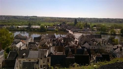 an aerial view of a town with a river at Le Gîte des Marguerites in Montrichard