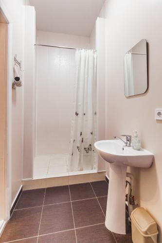 a white bathroom with a shower and a sink at Apartments near Deribasovskaya in Odesa