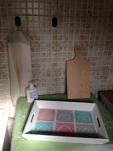 a bathroom counter with a sink on a green counter top at B&B La Tasgia in Aggius