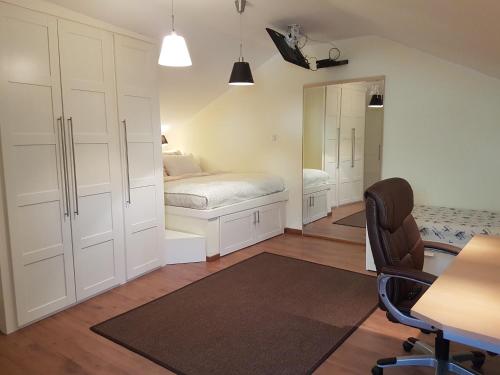 a bedroom with a bed and a desk and a chair at Art House in Poreč