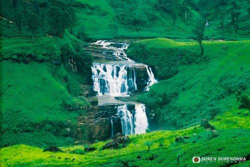 a waterfall in the middle of a lush green valley at Tea Hills Bungalow in Hatton