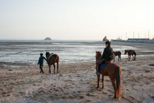 a group of people riding horses on the beach at Sunrise Pension in Hwaseong