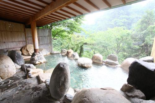 a pool of water with rocks and a building at Hotel New Ohruri in Nikko