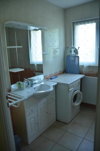 a bathroom with a sink and a toilet and a mirror at Gites de Madame in Escazeaux