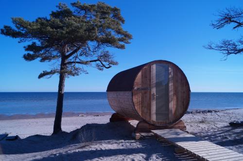 ein Holzfass am Strand neben einem Baum in der Unterkunft Kempings Saulesmājas in Kolka