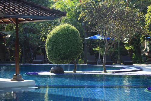 a pool at a resort with a turtle and an umbrella at Matahari Bungalow in Legian