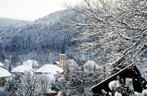 a town covered in snow with a mountain in the background at LA CHENEAUDIÈRE - Hôtel Spa - Relais & Châteaux - Restaurant étoilé in Colroy-la-Roche