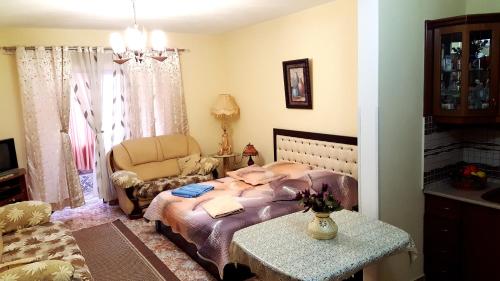 una camera con letto, sedia e tavolo di Berberi Guest House a Pogradec