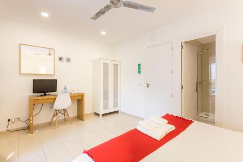 a bedroom with a bed and a desk with a computer at Hostal Bonany in Palma de Mallorca