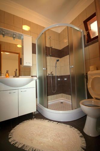 a bathroom with a shower and a toilet and a sink at Apartments Cvelic Milovcic in Malinska