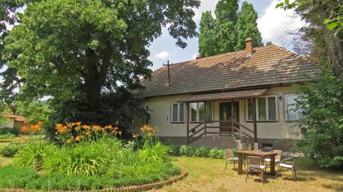 a house with a table and chairs in the yard at Tarjányi Vendégház in Recsk