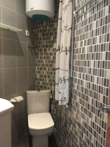 a bathroom with a toilet and a shower curtain at Apartment Downtown Sabadell in Sabadell