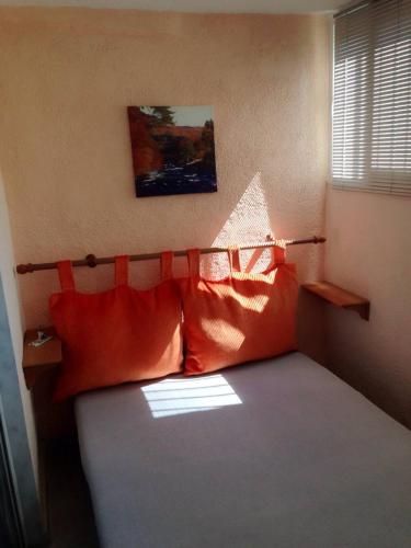 a bedroom with a bed with red pillows on it at Sakis in Siviri