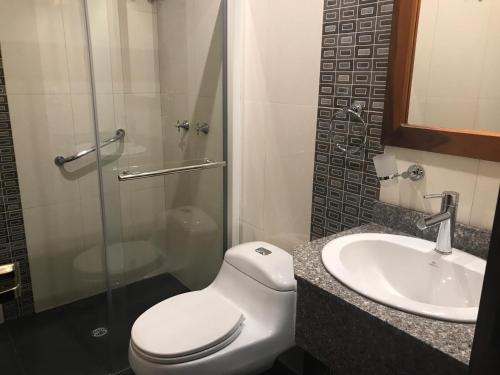 a bathroom with a toilet and a sink and a shower at Hotel Savoy Inn in Quito