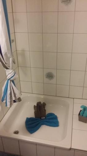 a teddy bear sitting in a bath tub at Gästehaus Sylvie in Rust