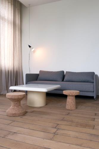 a living room with a blue couch and two tables at Les Toquées Maison d'hôtes in Lille