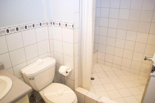 a white bathroom with a toilet and a shower at Apartotel Tairona in San Pedro