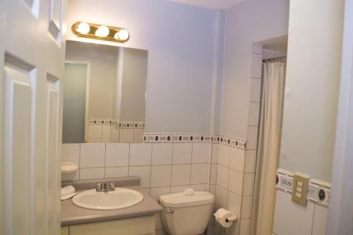 a bathroom with a sink and a toilet and a mirror at Apartotel Tairona in San Pedro