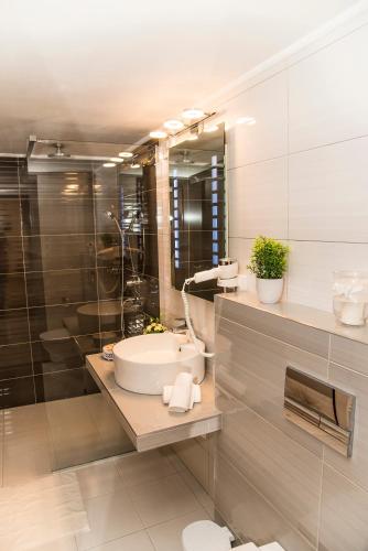 a bathroom with a sink and a large mirror at Casa Antonia Homestay in Şura Mică