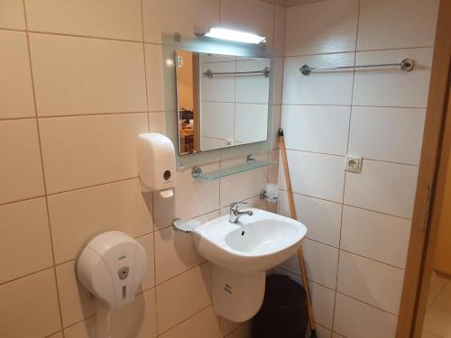 W łazience znajduje się umywalka, toaleta i lustro. w obiekcie Harmony Hills Kolevi Apartments w mieście Rogaczewo