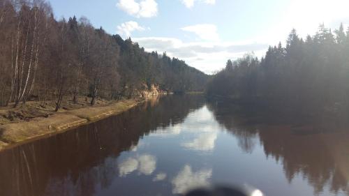 a river with trees and clouds in the water at Holiday Home Ermine in Sigulda