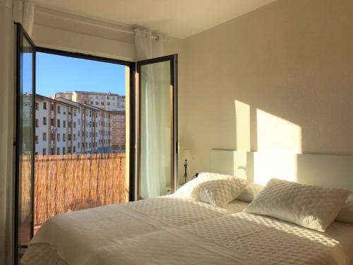 パンプローナにあるLindux Apart Pamplonaのベッドルーム1室(ベッド1台、大きな窓付)