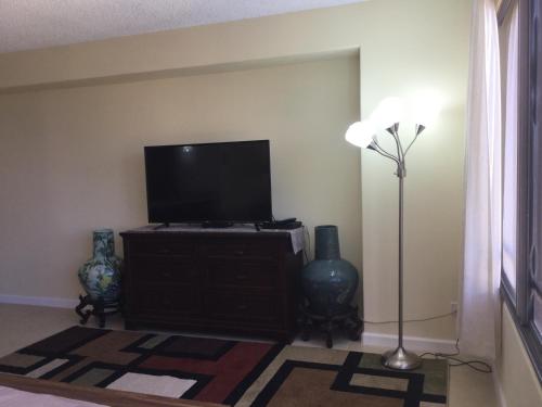 a living room with a flat screen tv and a lamp at Waikiki Ala Moana Studio 30 days in Honolulu