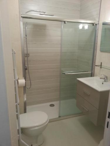 a bathroom with a shower and a toilet and a sink at Studio Bord De Mer Nice Ouest in Nice