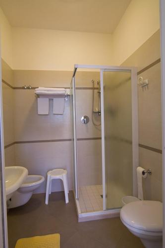 a bathroom with a shower and a toilet and a sink at Hotel Tenerife in Riccione