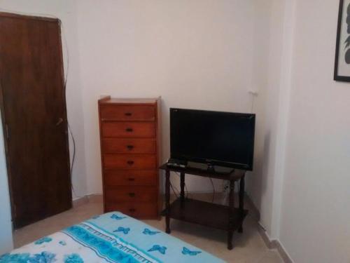 1 dormitorio con 1 cama, TV y vestidor en Departamento Alvarado en Salta