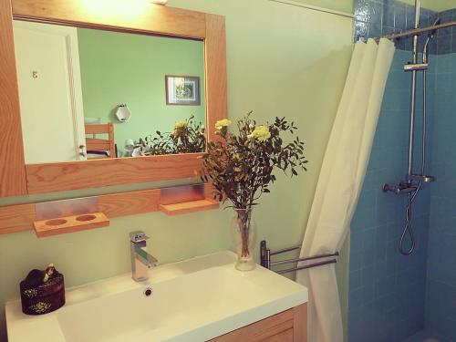 a bathroom with a vase of flowers on a sink at Les Embruns in Mimizan-Plage