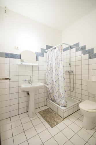 a bathroom with a sink and a toilet and a shower at Bendegúz Villa in Balatonföldvár