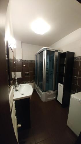 a bathroom with a glass shower and a sink at Apartament w Rezydencji Marino Rewal in Rewal