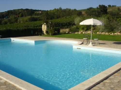 a large blue swimming pool with an umbrella at Agriturismo Borgo Montecucco in Todi