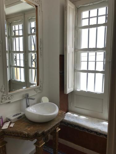 a bathroom with a white sink and two windows at Casa Palacio VillaZambra in Ronda