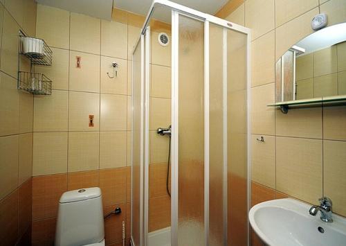 a bathroom with a shower and a toilet and a sink at Penzión Centrál in Oščadnica