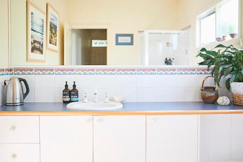 a kitchen counter with a sink and a mirror at The Potters Garden B&B in Rye