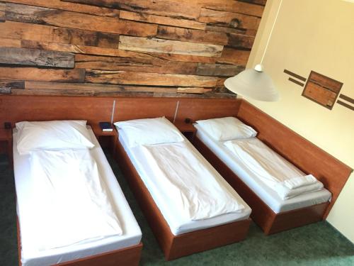 two beds in a room with a wooden wall at Europa Hotel És Étterem in Nyíregyháza