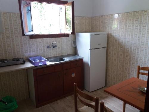
a kitchen with a refrigerator, stove, sink and a table at Harry's Bar & Apartments 2 in Acharavi
