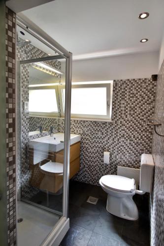 a bathroom with a toilet and a sink and a mirror at Apartment Marciana in Piran