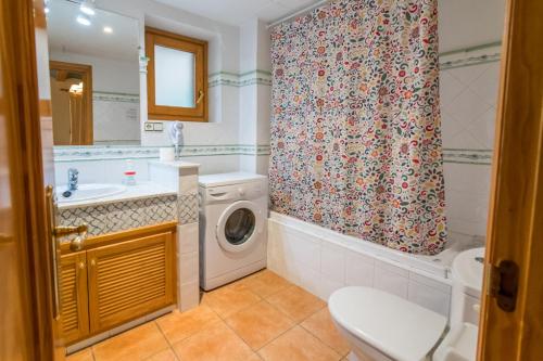 y baño con lavadora y cortina de ducha. en Apartamentos Plaza Mayor, en Valderrobres