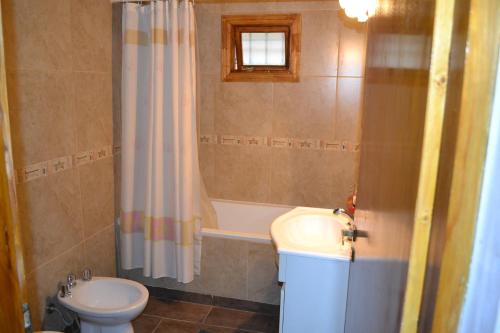 uma casa de banho com um WC, uma banheira e um lavatório. em Cabañas Bosque Del Faldeo em Ushuaia