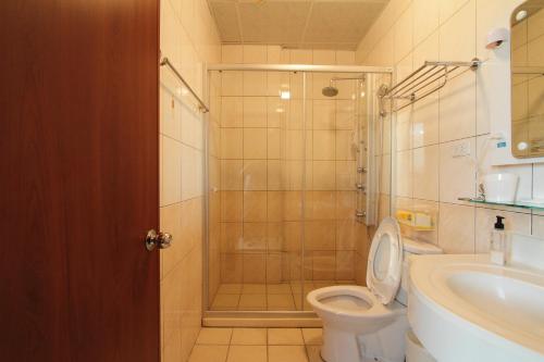 ein Badezimmer mit Dusche, Toilette und Waschbecken in der Unterkunft Hilarity B&B in Hualien