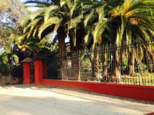 a red fence with palm trees behind it at Casona Lo Aguirre , Hospedaje de Temporada Cálidas in Talagante