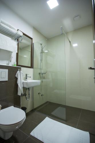 a bathroom with a shower and a toilet and a sink at Heartland City B&B in Tuzla