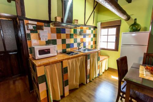 a kitchen with a sink and a microwave on a counter at El castanar in San Esteban de la Sierra