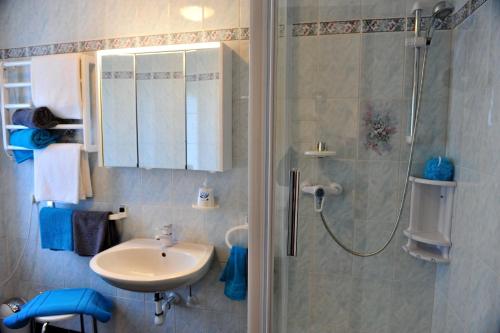 a bathroom with a sink and a shower at Haus Alpenblick in Obertraun