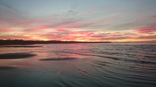 a sunset on a beach with the ocean at Annenhof Holiday House in Pudisoo